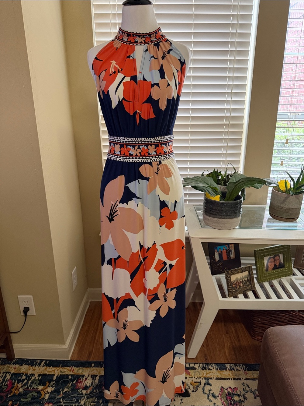 Navy & Coral Floral Halter Maxi Dress